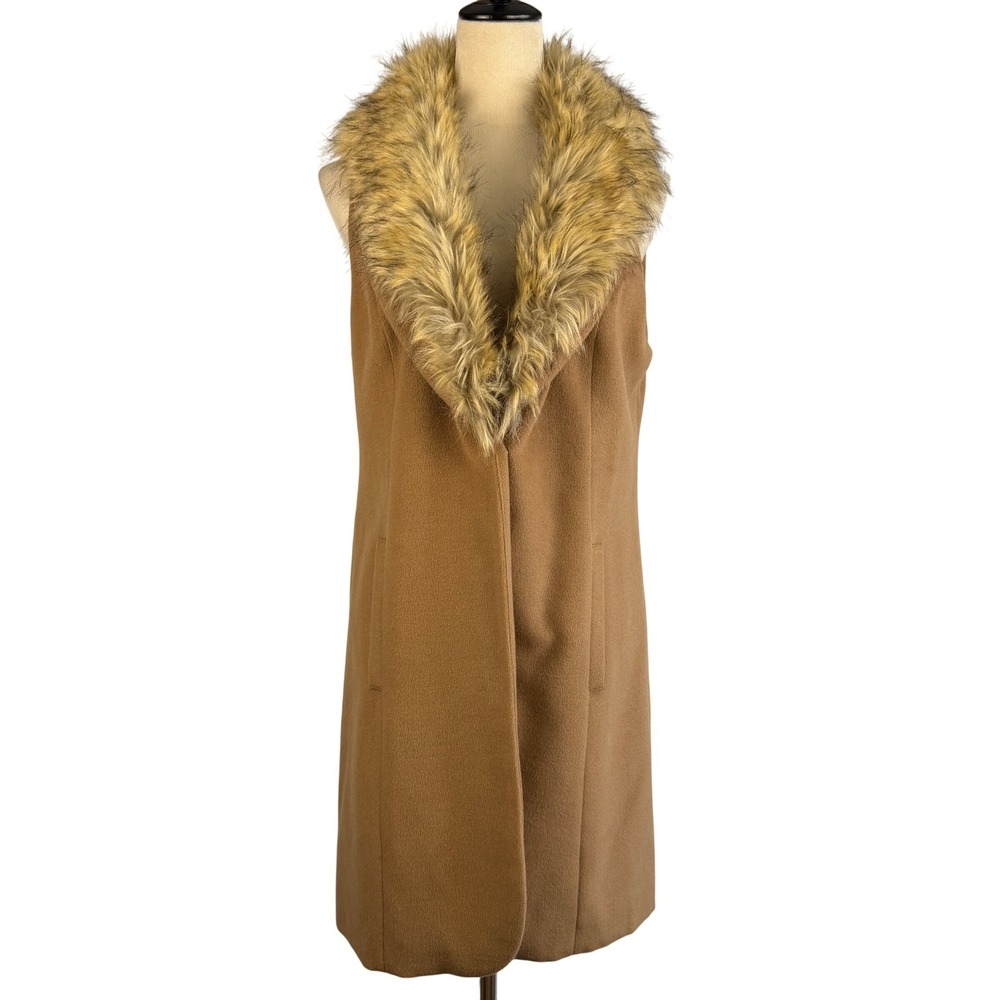 GUESS Los Angeles Womens Medium Camel Tan‎ Faux Fur Collar Longline Vest Chic
